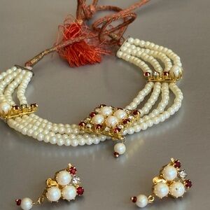 💎Elegant Pearl, ruby and Gold Costume Necklace Set